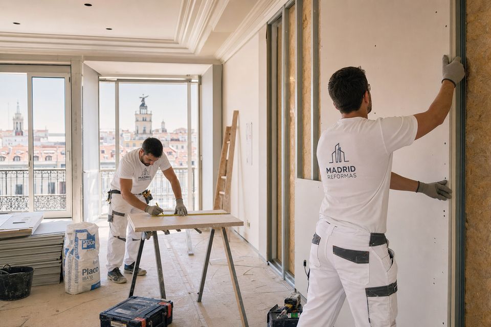 Equipo de reformistas de JM Reformas trabajando en una reforma de vivienda en Madrid