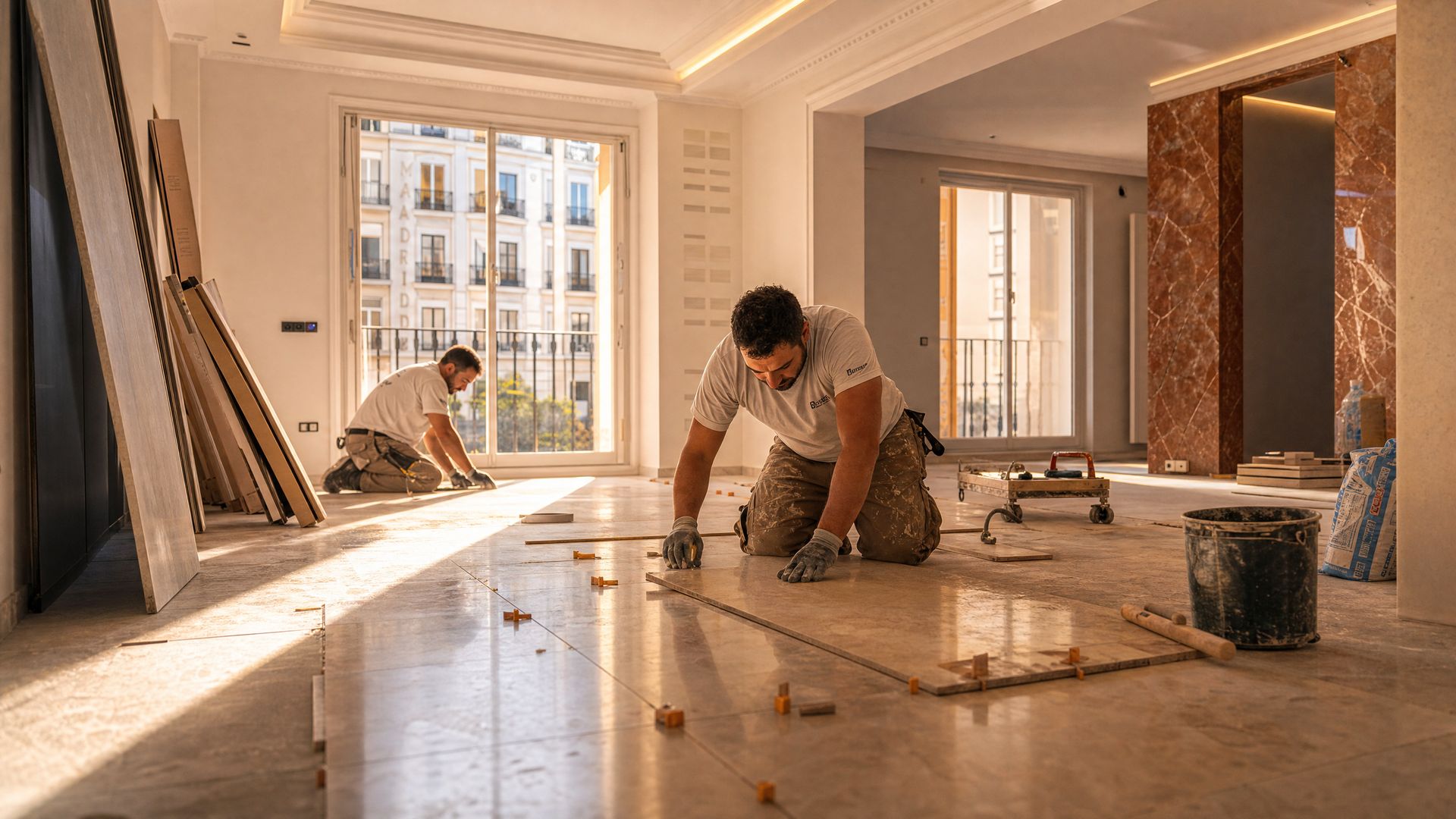Reformistas de JM Reformas instalando suelo durante una reforma integral en una vivienda de Madrid