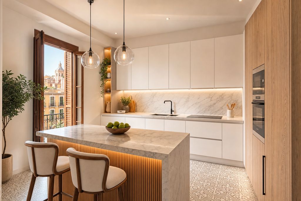 Cocina reformada en Madrid con muebles de madera, encimera de mármol e iluminación empotrada